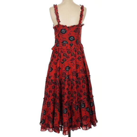ULLA JOHNSON Midi Sun Dress Poppy Floral Ruffle Pockets Cotton 4 Square Neck Red - Picture 5 of 8